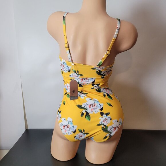 NWT - Smismivo Yellow Floral One-Piece Swimsuit With Ruched Front & Adjustable S - Picture 12 of 16